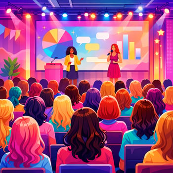 digitalart a room of women facing a stage in a conference setting with bright colors